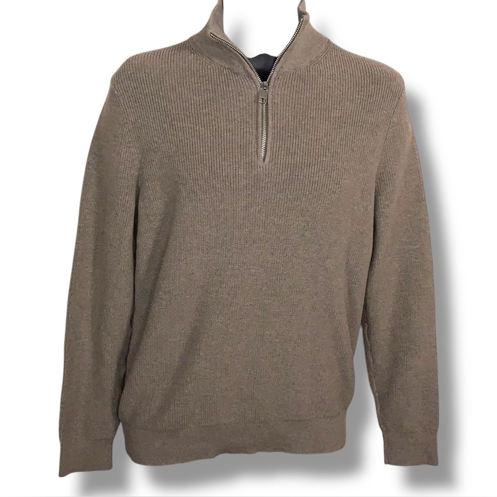 Medium Slim Fit H M Beige Cotton Zip Collar Sweater Mens Long Sleeve Knit